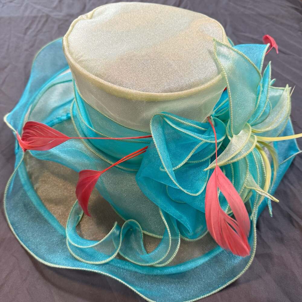 Msmotei Handmade Teal Gold Church Derby Hat Feather Bow Wide Brim